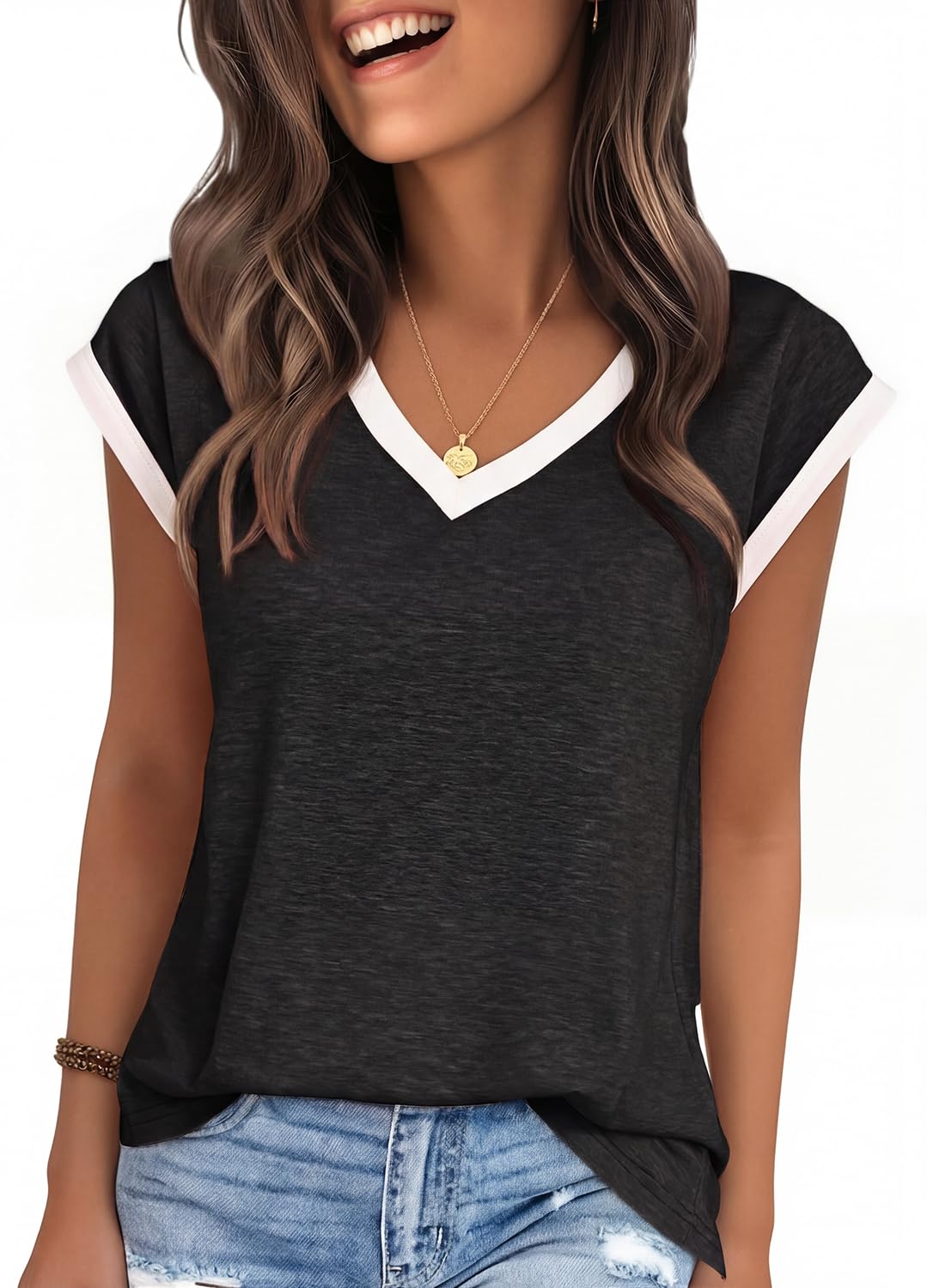 YEXIPO Womens Tops Cap Sleeve T Shirts 2026 Summer Casual Loose Fit V Neck Shirts Cute Trendy Beach Vacation Clothes