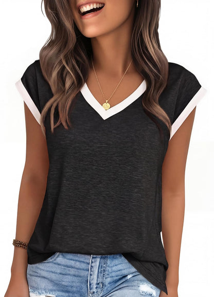 YEXIPO Womens Tops Cap Sleeve T Shirts 2026 Summer Casual Loose Fit V Neck Shirts Cute Trendy Beach Vacation Clothes