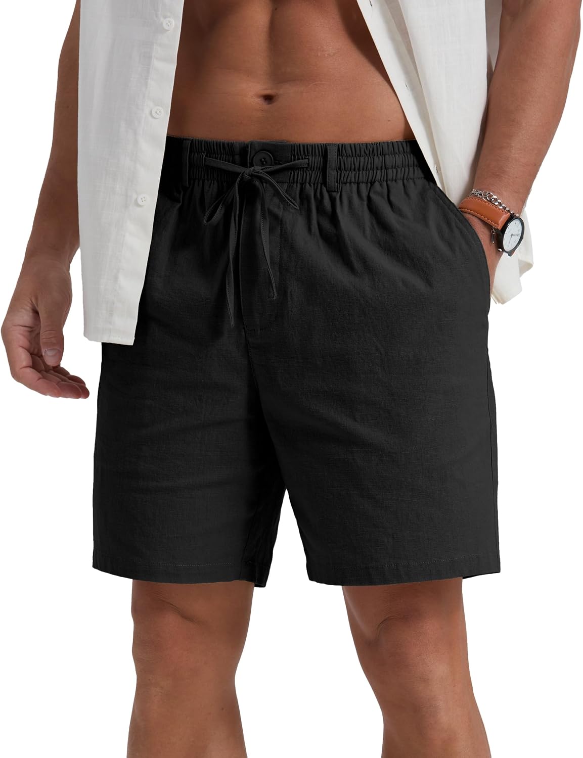Sailwind Men's Linen Casual Shorts Elastic Waist Drawstring Summer Beach Shorts with Pockets Black