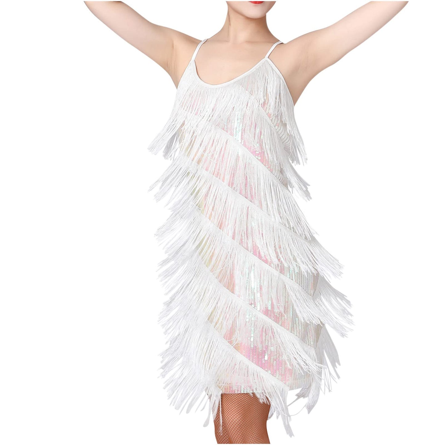fartey Womens Fringe Dress Spaghetti Strap Sleeveless Tassel Sling Dress Sexy V Neck Backless Cocktail Party Mini Dress