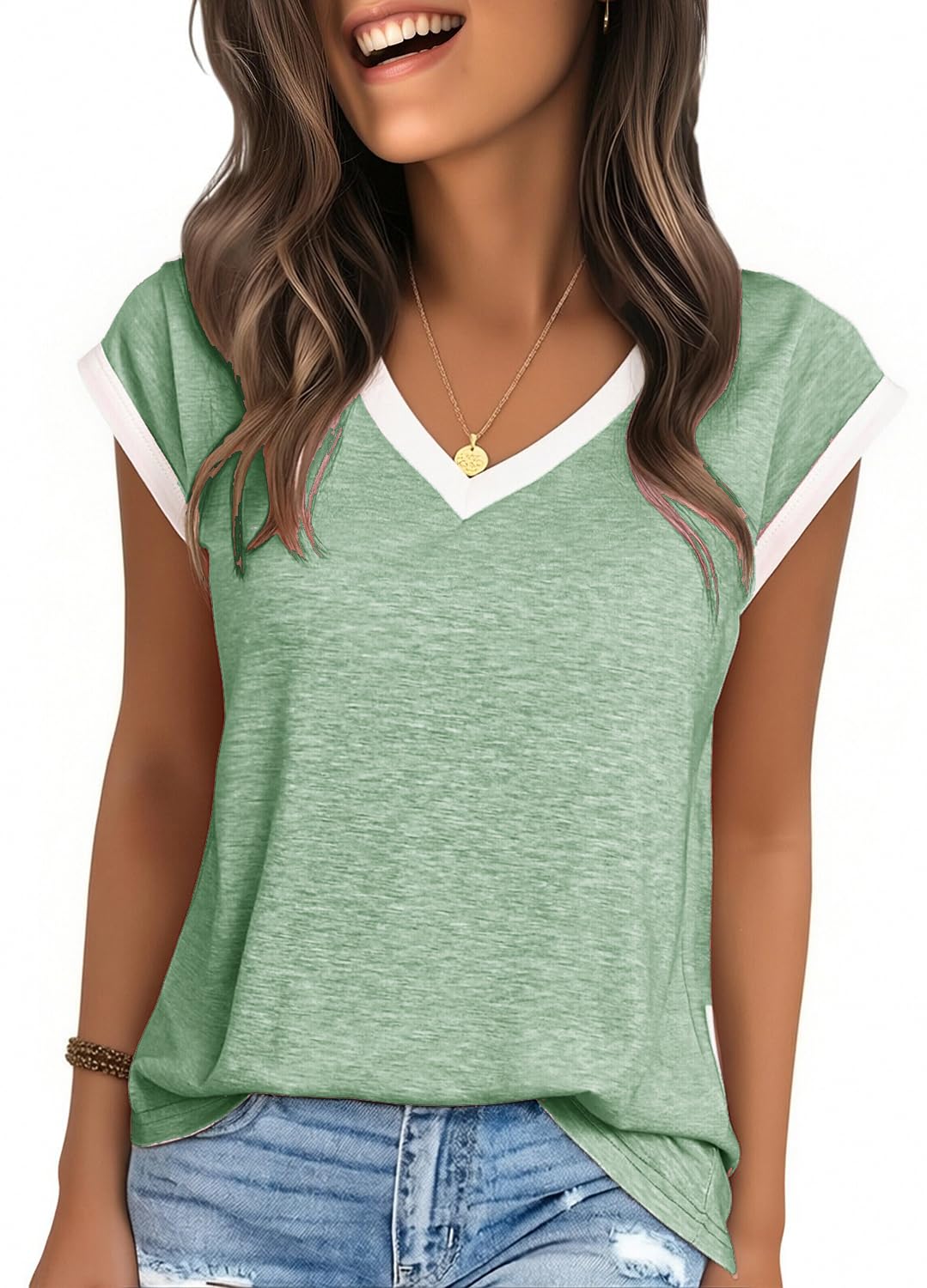 YEXIPO Womens Tops Cap Sleeve T Shirts 2026 Summer Casual Loose Fit V Neck Shirts Cute Trendy Beach Vacation Clothes