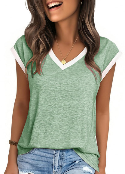 YEXIPO Womens Tops Cap Sleeve T Shirts 2026 Summer Casual Loose Fit V Neck Shirts Cute Trendy Beach Vacation Clothes