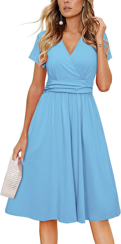 Newshows Womens Summer Short Sleeve Casual Dresses V Neck Floral Vacation Sundress Faux Wrap Midi Dress with Pockets