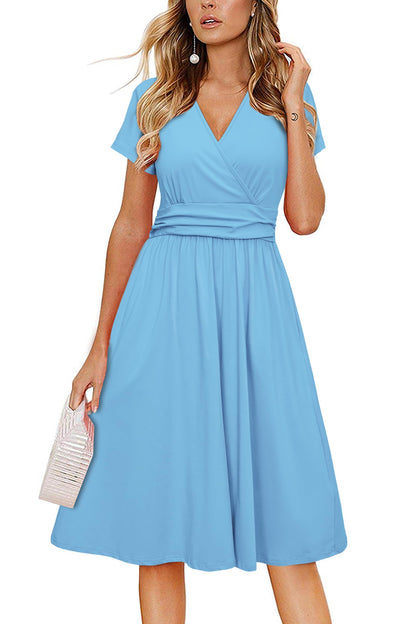 Newshows Womens Summer Short Sleeve Casual Dresses V Neck Floral Vacation Sundress Faux Wrap Midi Dress with Pockets