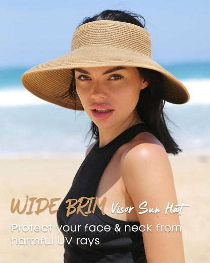 FURTALK Sun Hats for Women Wide Brim Beach Hat Straw Visor Ponytail Summer UV Packable Foldable Beach Vacation Essentials
