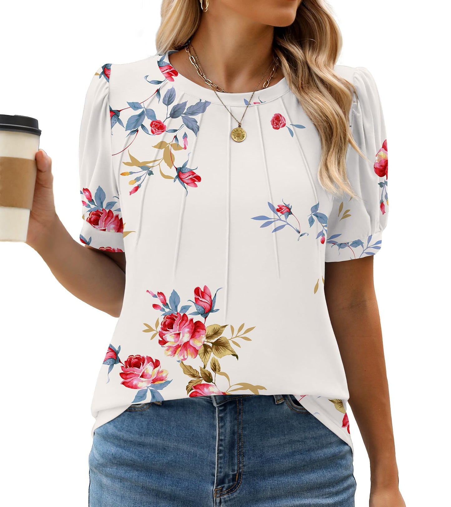 WEACZZY Women's Short Sleeve Crew Neck T-Shirt Pleated Front Casual Blouse | Puff Sleeve, Soft Comfortable Breathable, Regular Fitted, Asymmetrical High-Low Hem, Business Casual, Spring Summer Fall