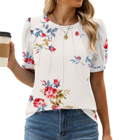 WEACZZY Women's Short Sleeve Crew Neck T-Shirt Pleated Front Casual Blouse | Puff Sleeve, Soft Comfortable Breathable, Regular Fitted, Asymmetrical High-Low Hem, Business Casual, Spring Summer Fall