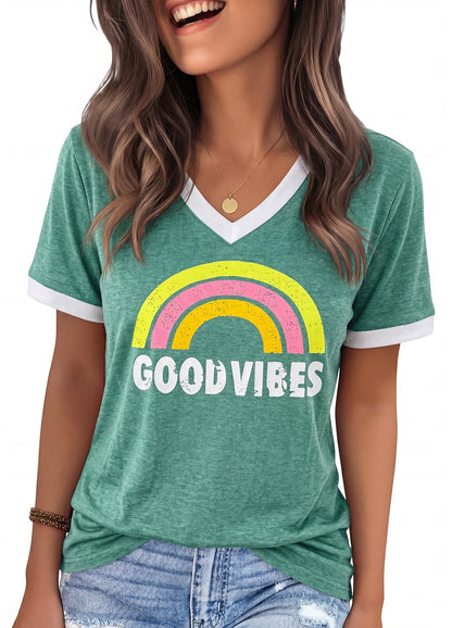 YEXIPO Womens T Shirts Graphic Tees Spring Short Sleeve V Neck Funny Letter Print Casual Loose Cute Summer Tops