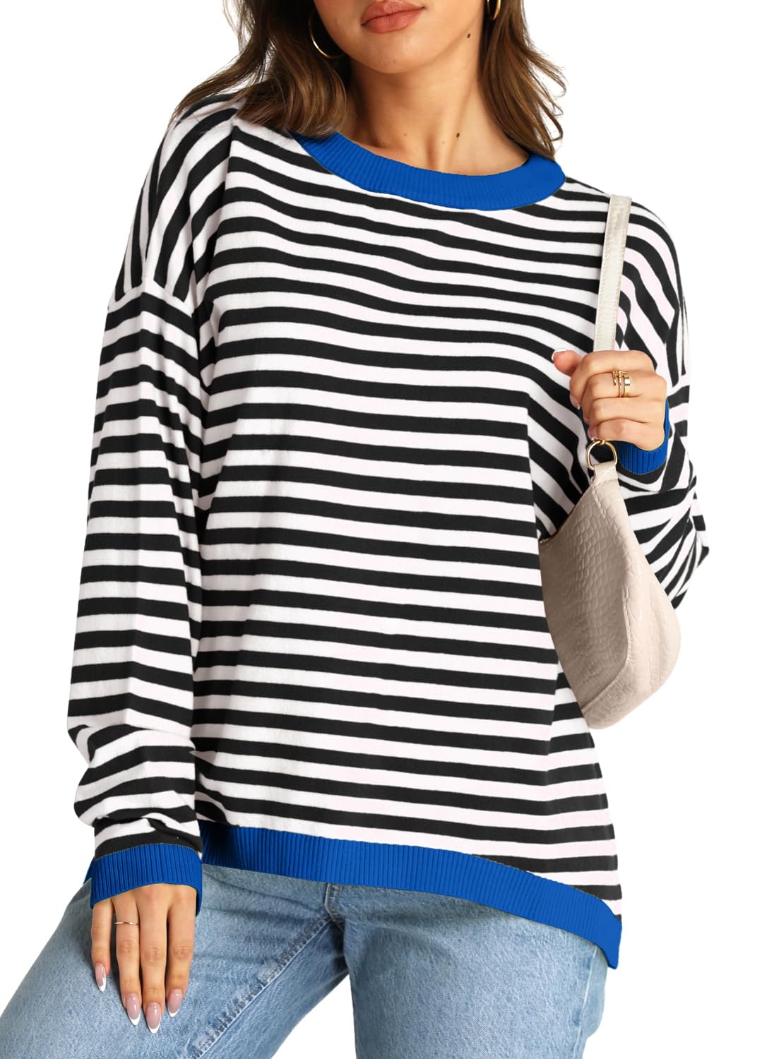 YEXIPO Womens Sweaters Striped 2024 Fall Long Sleeve Crewneck Casual Knit Lightweight Oversized Pullover Sweater Tops