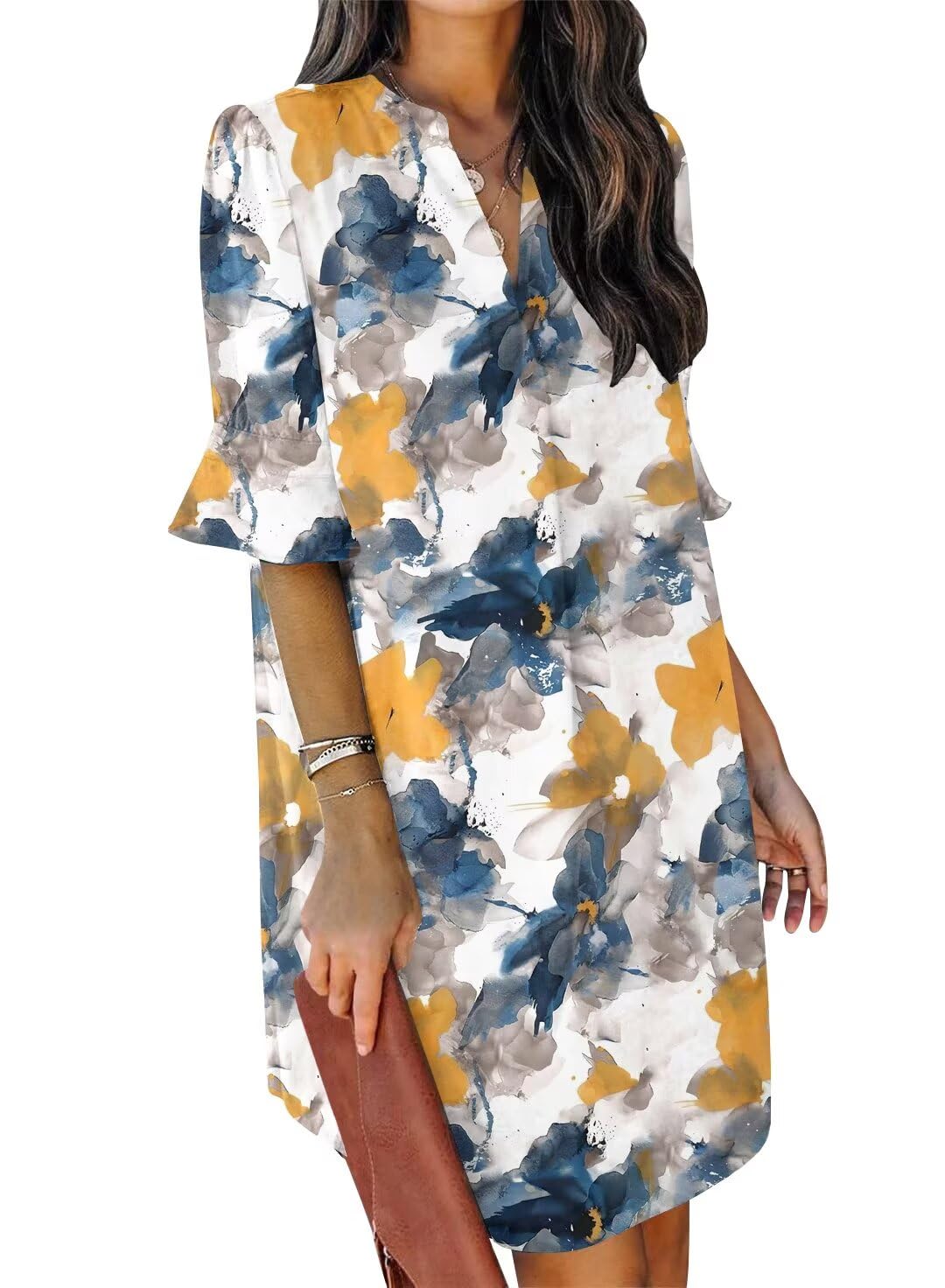 QACOHU Summer Dresses for Women V Neck Ruffle Short Sleeve Casual Shift Dress