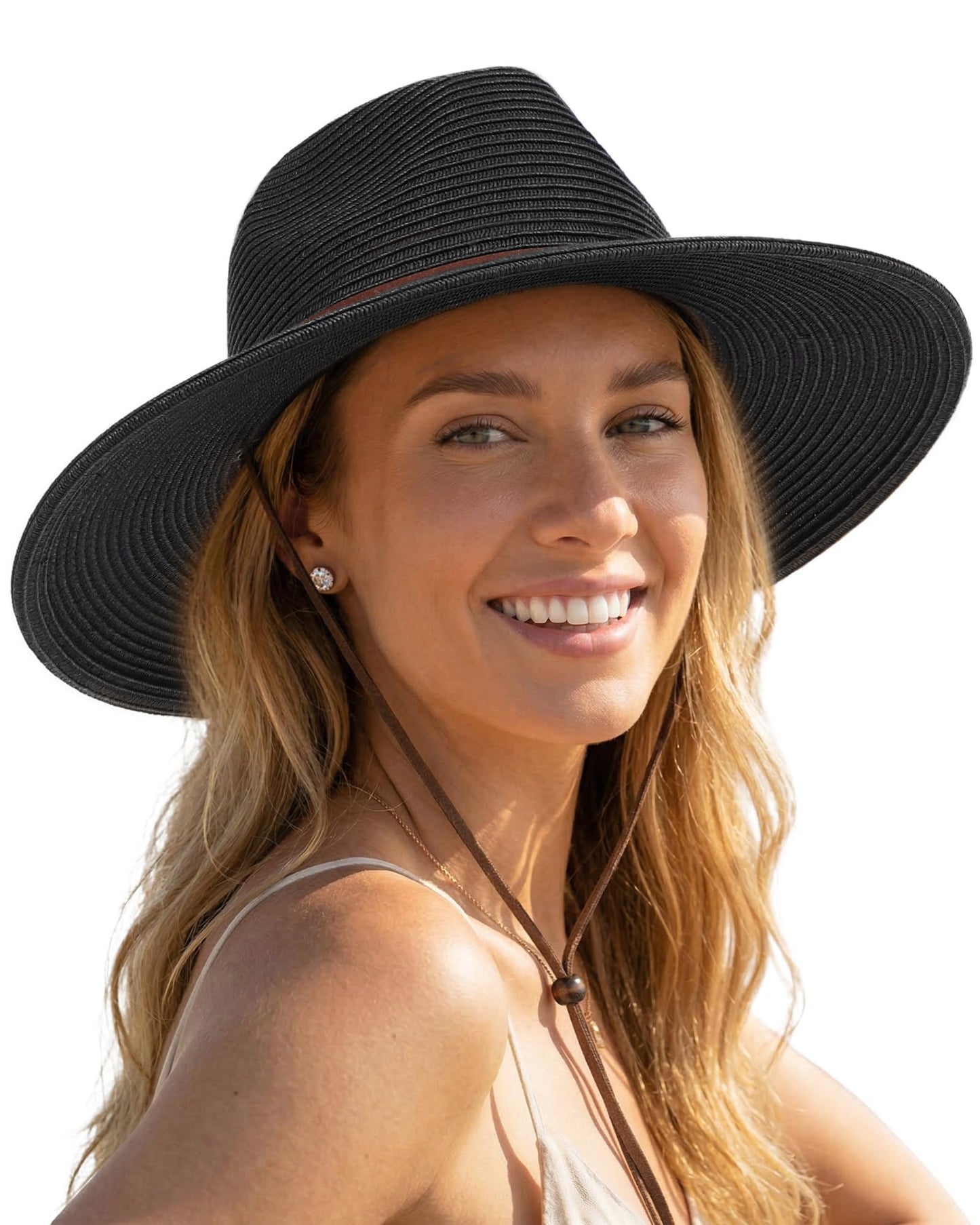 FURTALK Sun Hat Panama Fedora Straw Beach Hat with Wind Lanyard UPF | Packable for Travel, Hidden Hook and Loop Fit, Breathable Sweatband, Ideal for Summer Pool, Hiking & Gardening