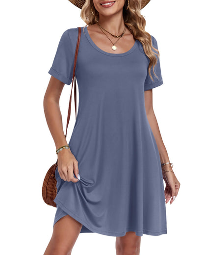 AUSELILY Women's Summer Casual Dresses 2026 Short Sleeve Swing Beach Floral T-Shirt Dress with Pockets