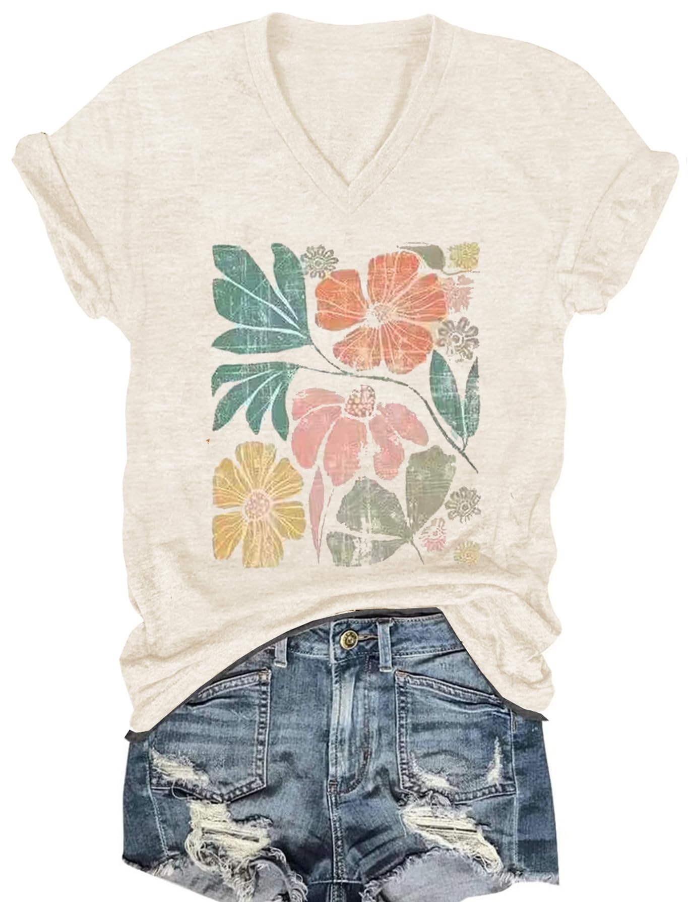 Women's T-Shirts V-Neck Dragonfly Tee Cute Summer Graphic Shirts Vintage Boho Flowers Short Sleeve T Shirt