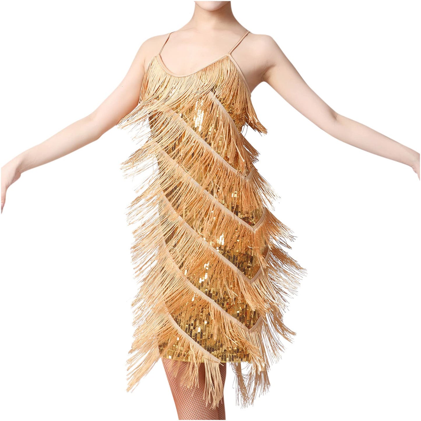 fartey Womens Fringe Dress Spaghetti Strap Sleeveless Tassel Sling Dress Sexy V Neck Backless Cocktail Party Mini Dress