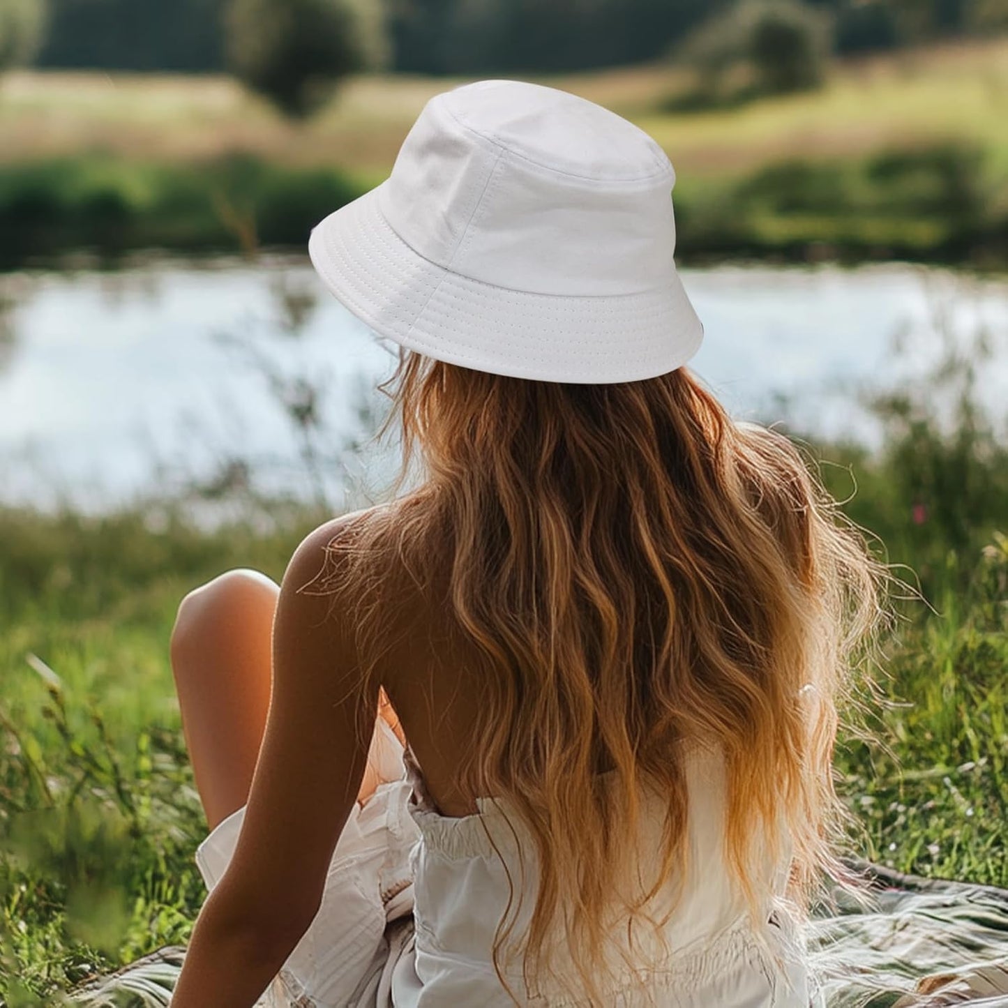 PFFY Reversible Bucket Hat for Women Men Summer Cotton Fishing Sun Beach Cap Blue/Dot