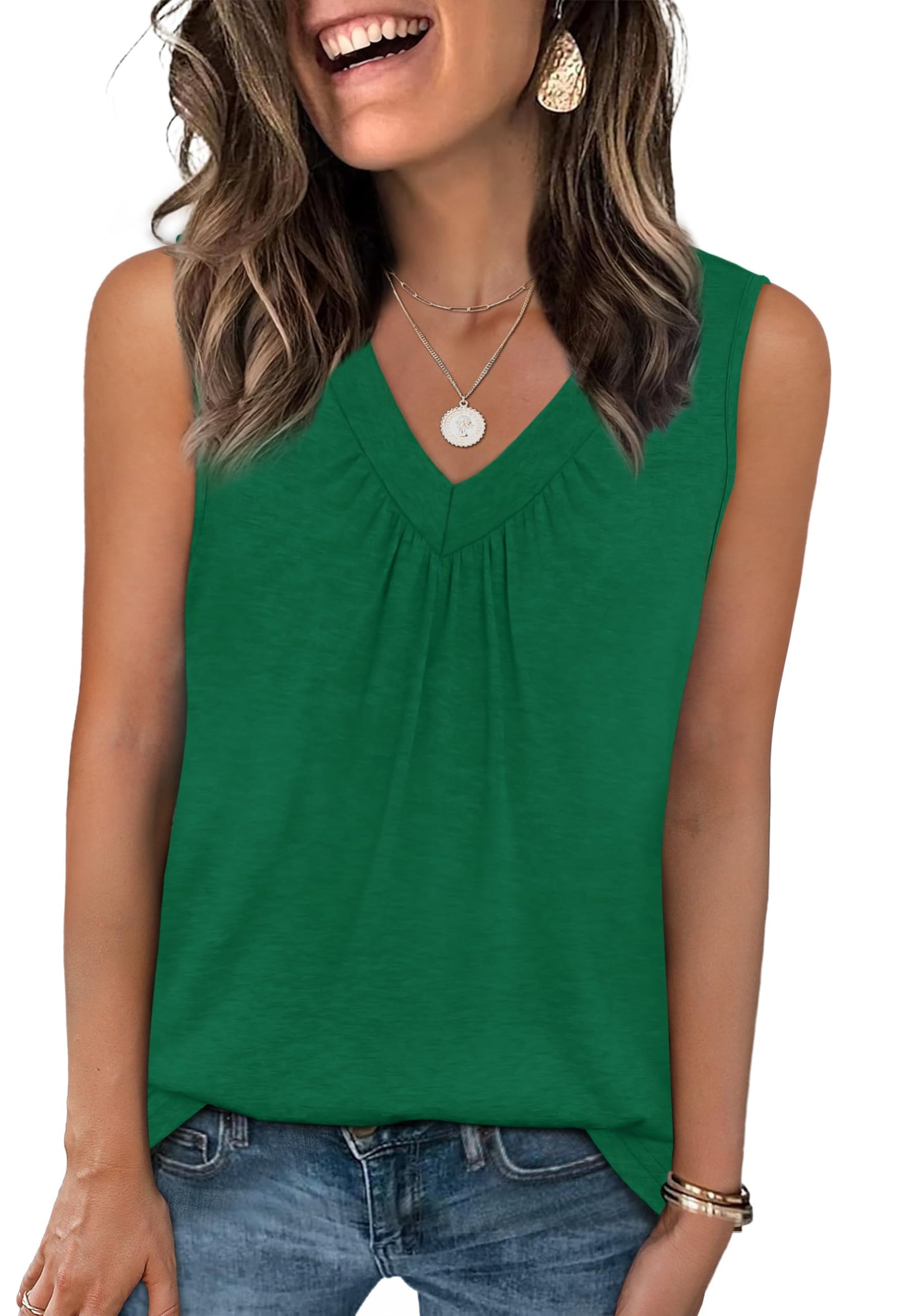 OFEEFAN Tank Top for Women Loose Fit Sleeveless Shirts V Neck Summer Clothes Ruched Women's Tees and Tanks Curved Hem