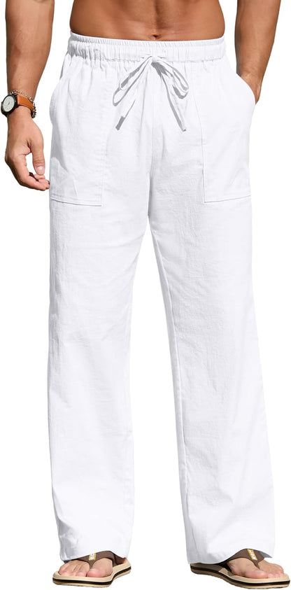 Sailwind Men's Casual Linen Pants Beach Summer Loose Fit Elastic Waist Drawstring Pants Lightweight Linen Trousers