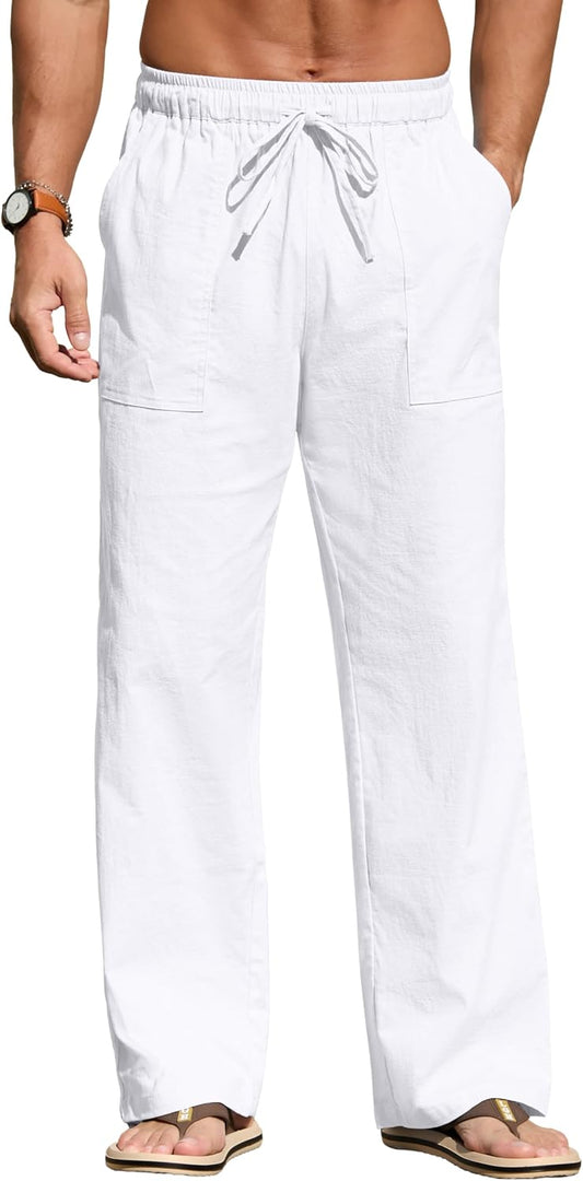 Sailwind Men's Casual Linen Pants Beach Summer Loose Fit Elastic Waist Drawstring Pants Lightweight Linen Trousers