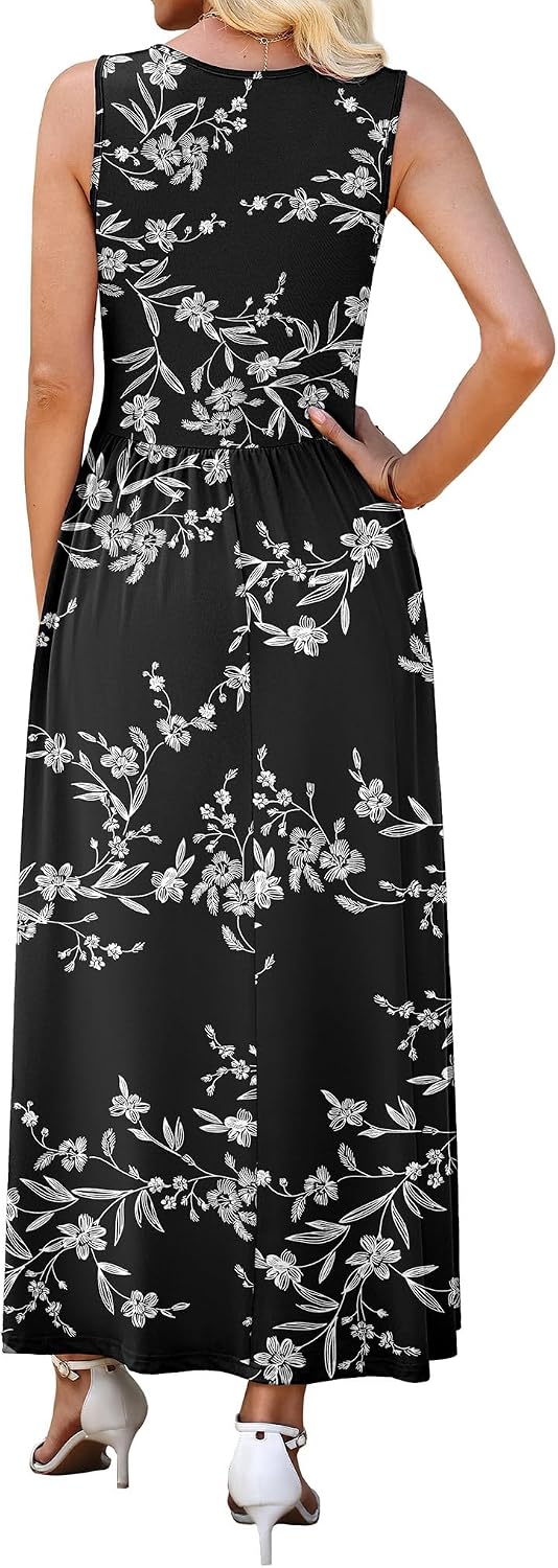 WEACZZY Women's Maxi Dress Sleeveless V Neck Sundress Cocktail Long Dresses with Pockets