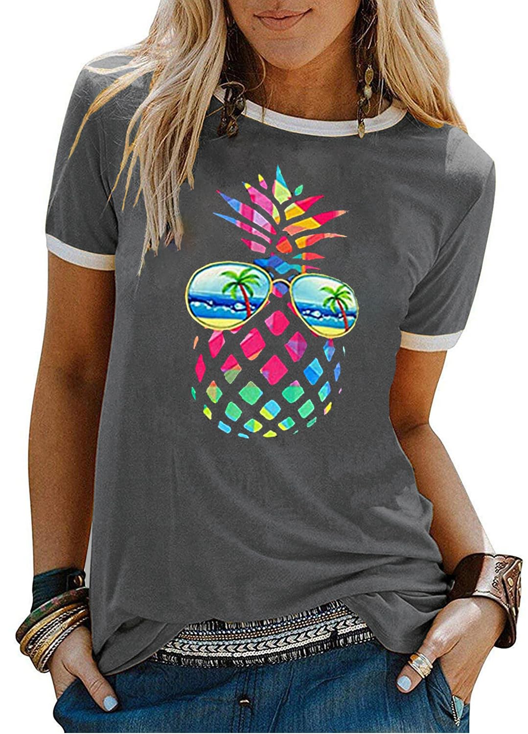 YEXIPO Graphic Tees for Women Short Sleeve Summer Tops Funny Letter Printed Loose Casual T Shirts