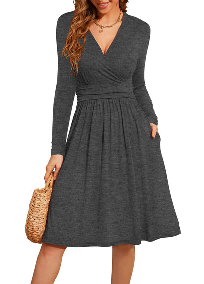 WEACZZY Women's 2026 Fall Long Sleeve Casual Dresses Wrap V-Neck Semi Formal Party Dress with Pockets