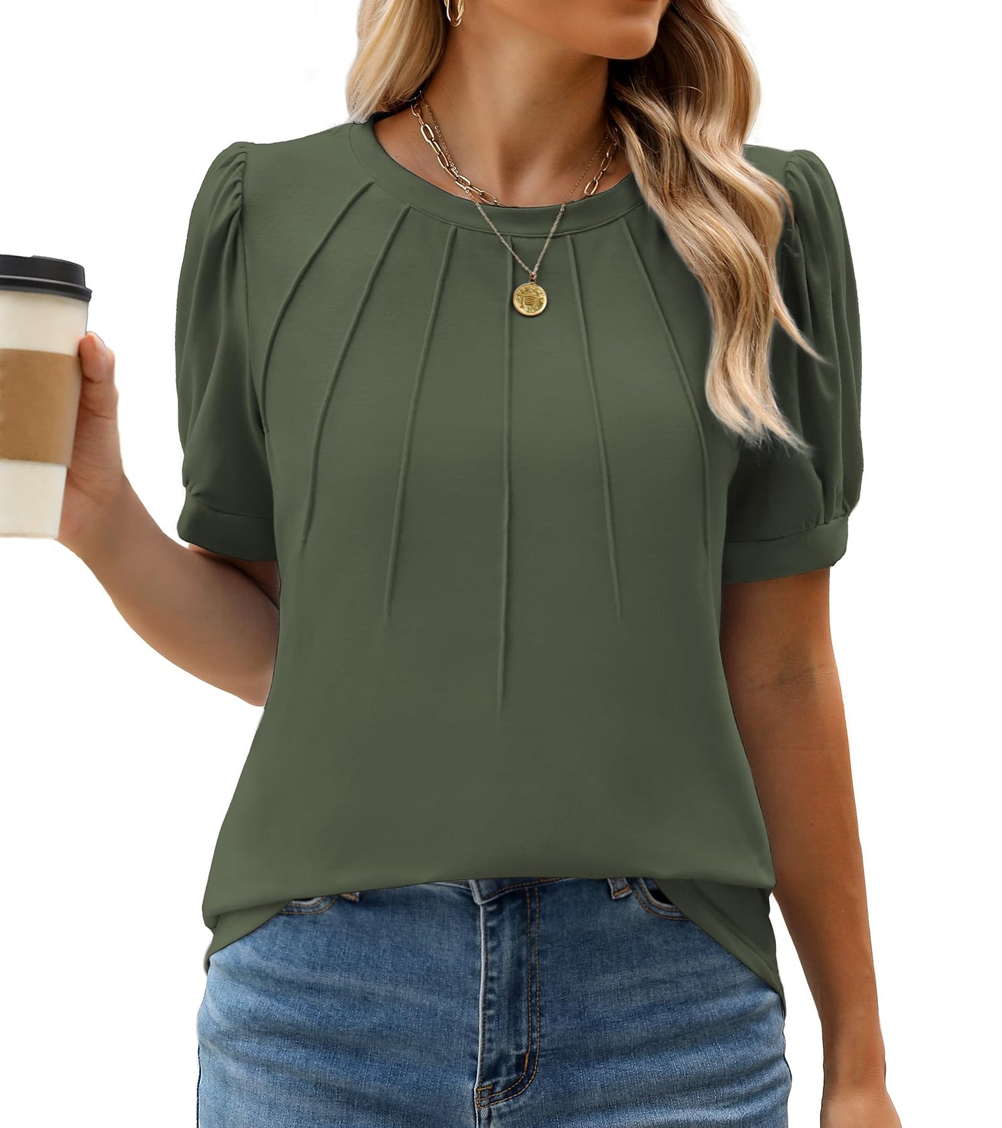 WEACZZY Women's Short Sleeve Crew Neck T-Shirt Pleated Front Casual Blouse | Puff Sleeve, Soft Comfortable Breathable, Regular Fitted, Asymmetrical High-Low Hem, Business Casual, Spring Summer Fall