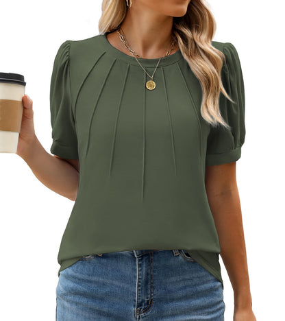 WEACZZY Women's Short Sleeve Crew Neck T-Shirt Pleated Front Casual Blouse | Puff Sleeve, Soft Comfortable Breathable, Regular Fitted, Asymmetrical High-Low Hem, Business Casual, Spring Summer Fall
