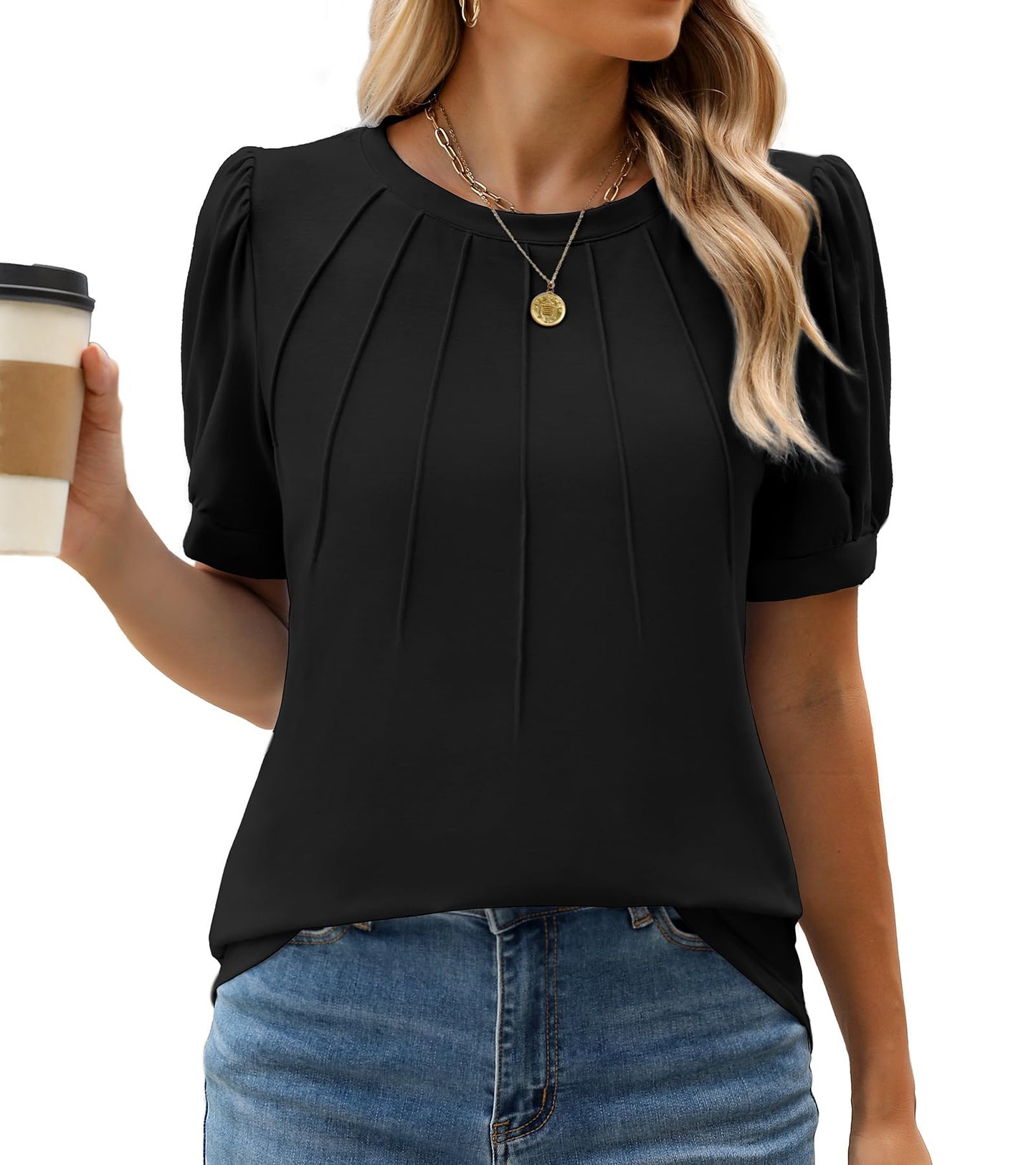 WEACZZY Women's Short Sleeve Crew Neck T-Shirt Pleated Front Casual Blouse | Puff Sleeve, Soft Comfortable Breathable, Regular Fitted, Asymmetrical High-Low Hem, Business Casual, Spring Summer Fall