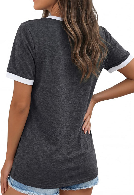 YEXIPO Womens T Shirts Graphic Tees Spring Short Sleeve V Neck Funny Letter Print Casual Loose Cute Summer Tops