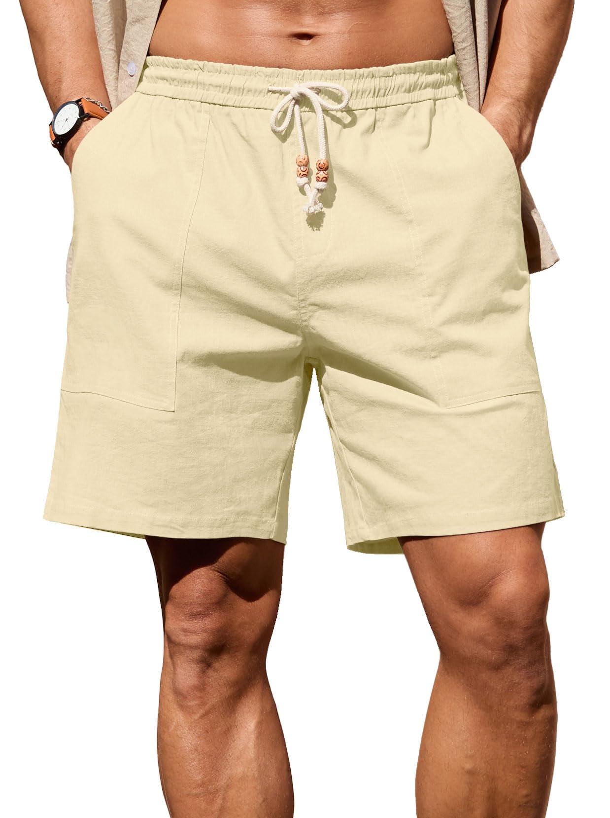 Sailwind Men's Linen Cotton Shorts 7" Elastic Waist Drawstring Casual Summer Beach Shorts