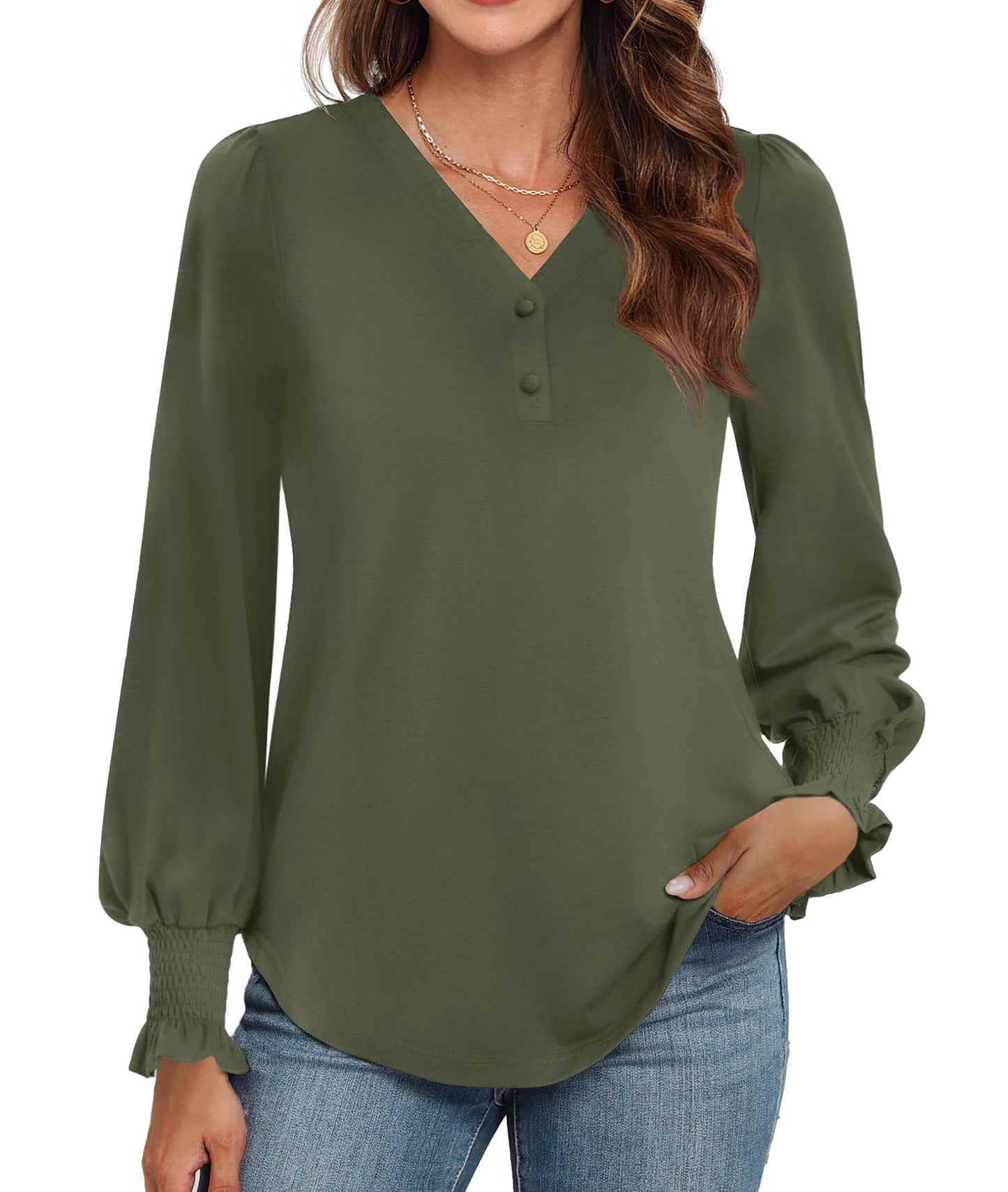 WEACZZY Womens Tops Long Sleeve Fall Shirts for Women Dressy Casual Button V Neck Tunic Blouse Ruffle Cuffs T-Shirts 2026