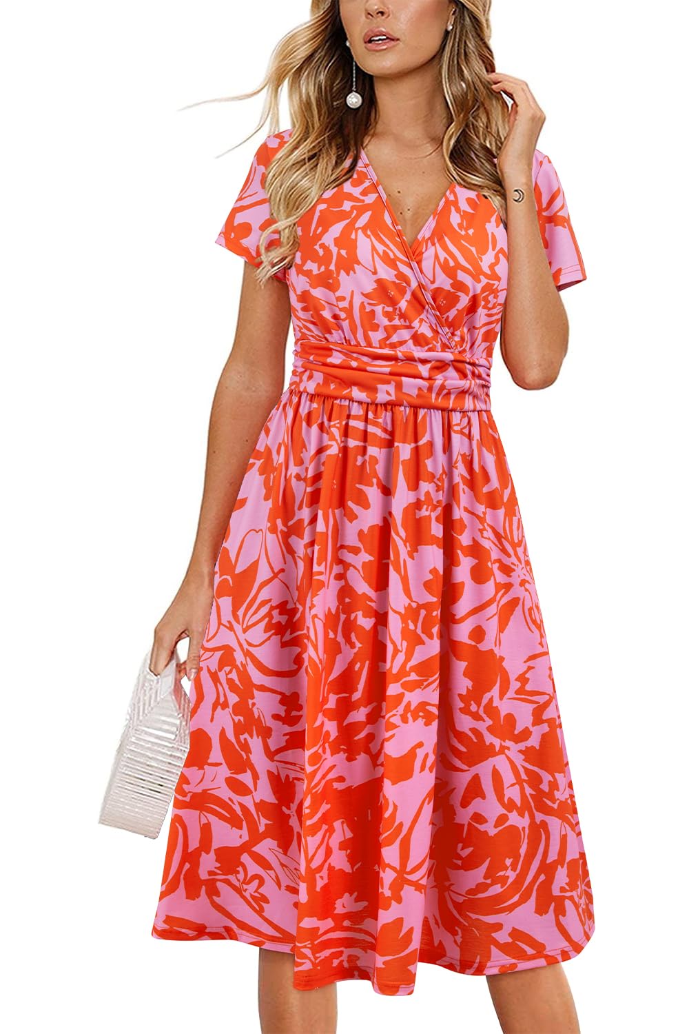 Newshows Womens Summer Short Sleeve Casual Dresses V Neck Floral Vacation Sundress Faux Wrap Midi Dress with Pockets