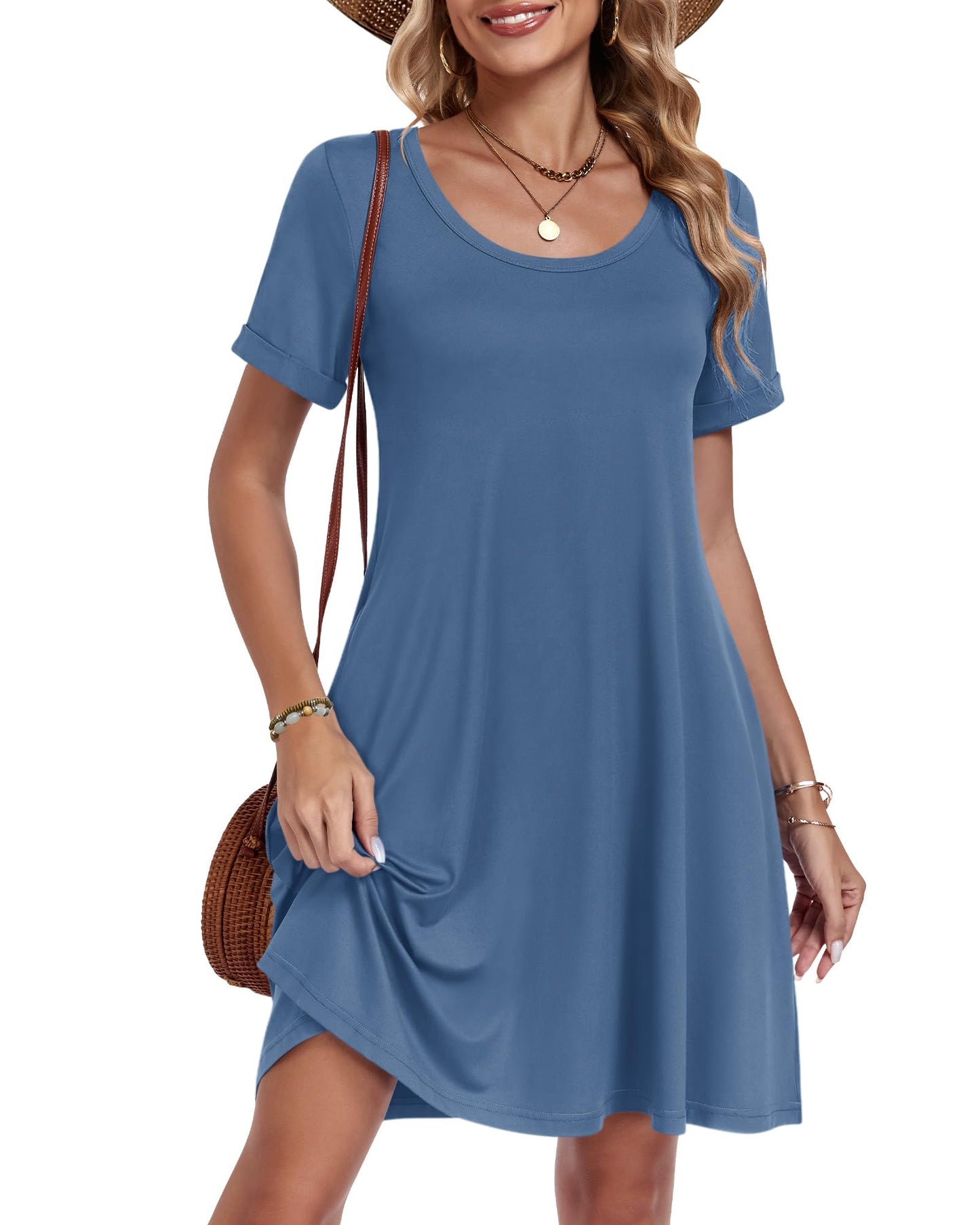 AUSELILY Women's Summer Casual Dresses 2026 Short Sleeve Swing Beach Floral T-Shirt Dress with Pockets