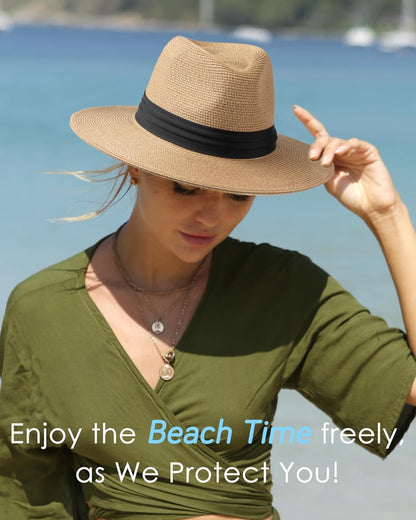 FURTALK Sun Hat Wide Brim Straw Fedora Panama Beach for Men Women | Foldable & Packable for Travel, Breathable Sweatband, Adjustable Chin Strap, Ideal for Summer Boating, Gardening or Holidays