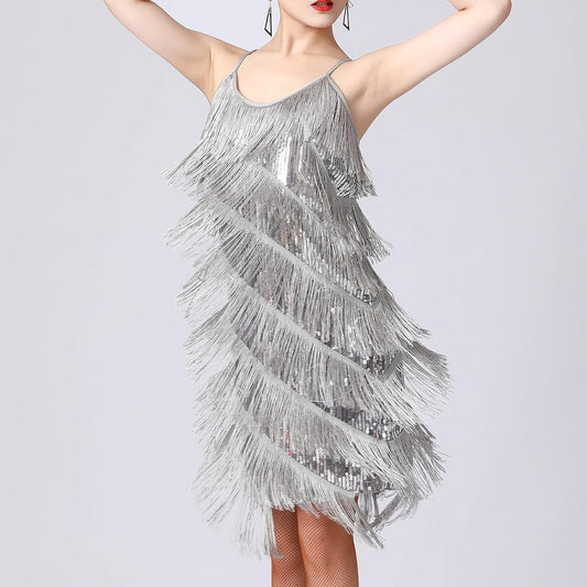fartey Womens Fringe Dress Spaghetti Strap Sleeveless Tassel Sling Dress Sexy V Neck Backless Cocktail Party Mini Dress