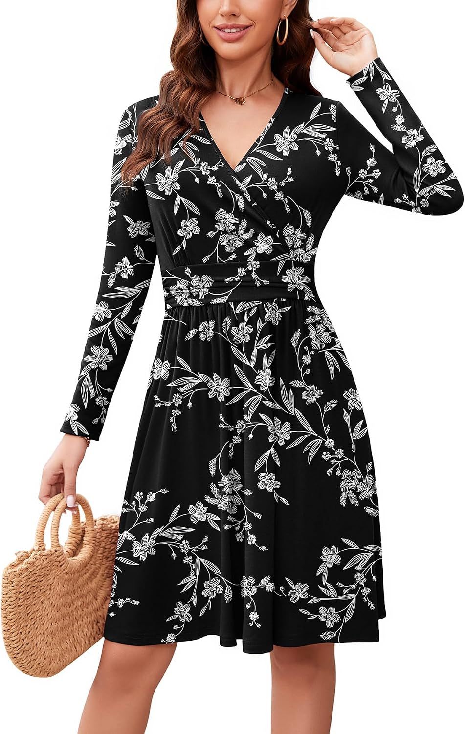WEACZZY Women's Long Sleeve Casual Fall Dresses V-Neck Swing Floral Party Dress with Pockets 2026