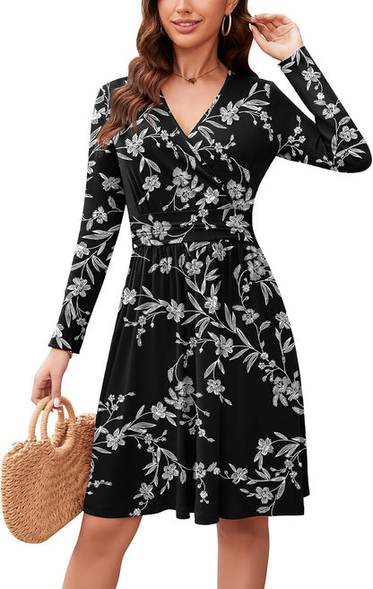WEACZZY Women's Long Sleeve Casual Fall Dresses V-Neck Swing Floral Party Dress with Pockets 2026