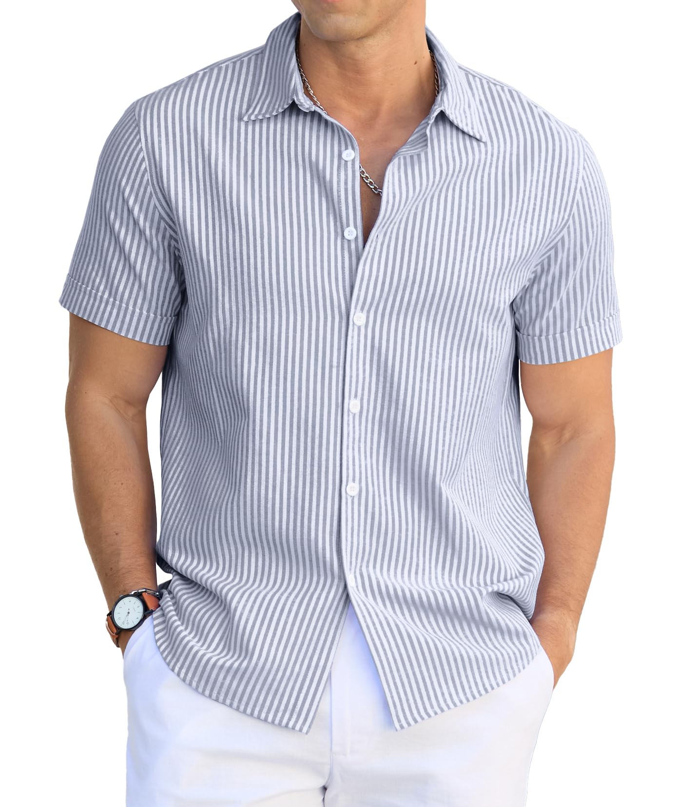 Sailwind Men's Casual Button Down Shirts Short Sleeve Striped Cotton Beach Summer Vacation Shirt