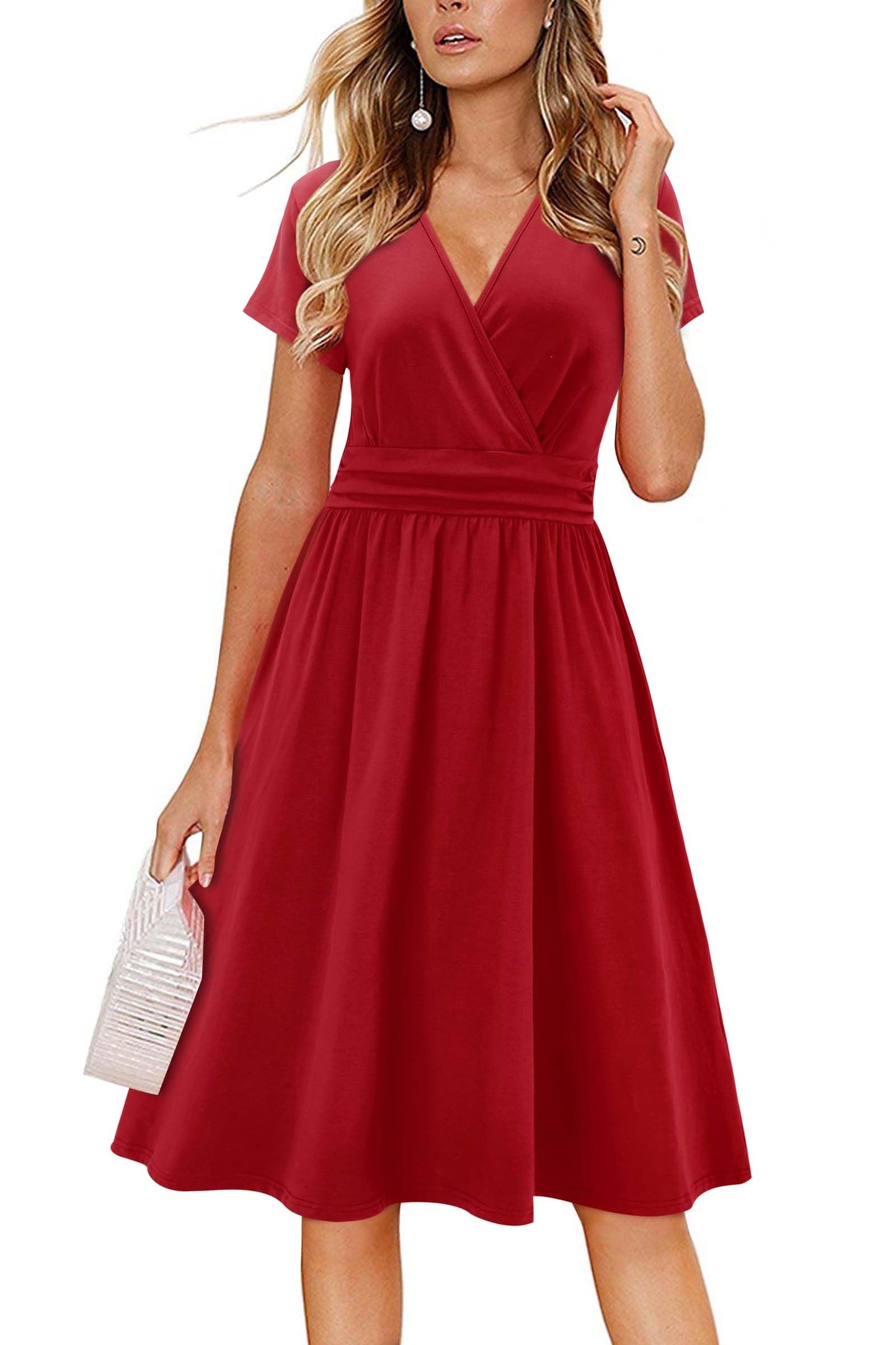 Newshows Womens Summer Short Sleeve Casual Dresses V Neck Floral Vacation Sundress Faux Wrap Midi Dress with Pockets
