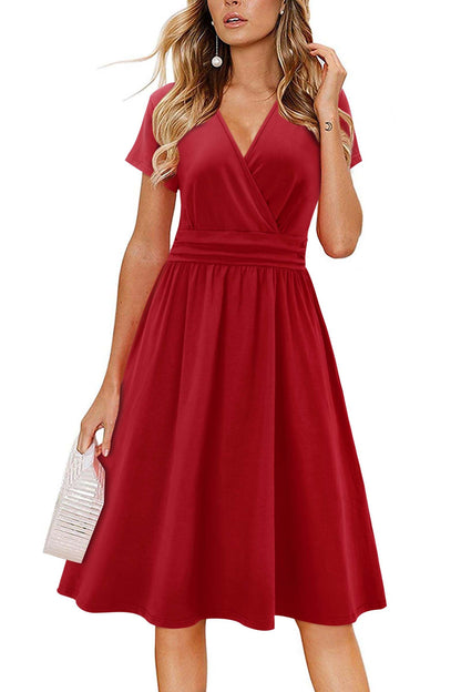 Newshows Womens Summer Short Sleeve Casual Dresses V Neck Floral Vacation Sundress Faux Wrap Midi Dress with Pockets