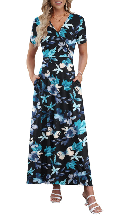 AUSELILY Maxi Dresses for Women Ankle Length Floral Print Beach Long Flowy Dress with Pockets