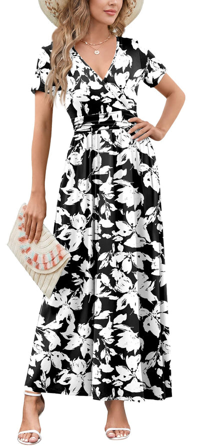 WEACZZY 2026 Summer Long Dresses for Women Wrap Empire Pleated Waist V Neck Short Sleeve Elegant Maxi Dress with Pockets