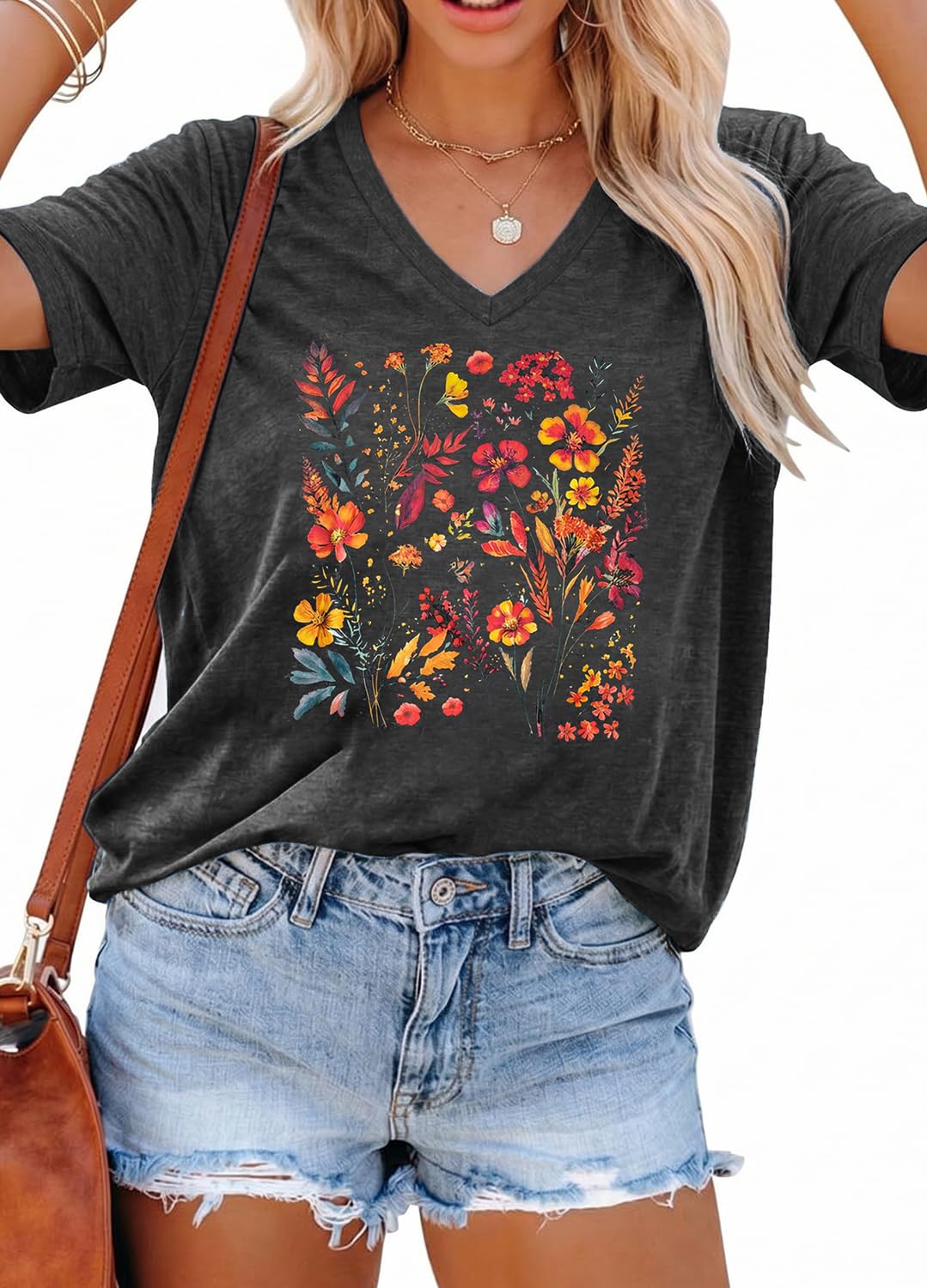 YEXIPO Womens Graphic Tees V-Neck T Shirts Spring Short Sleeve Funny Letter Print Casual Loose Cute Summer Tops
