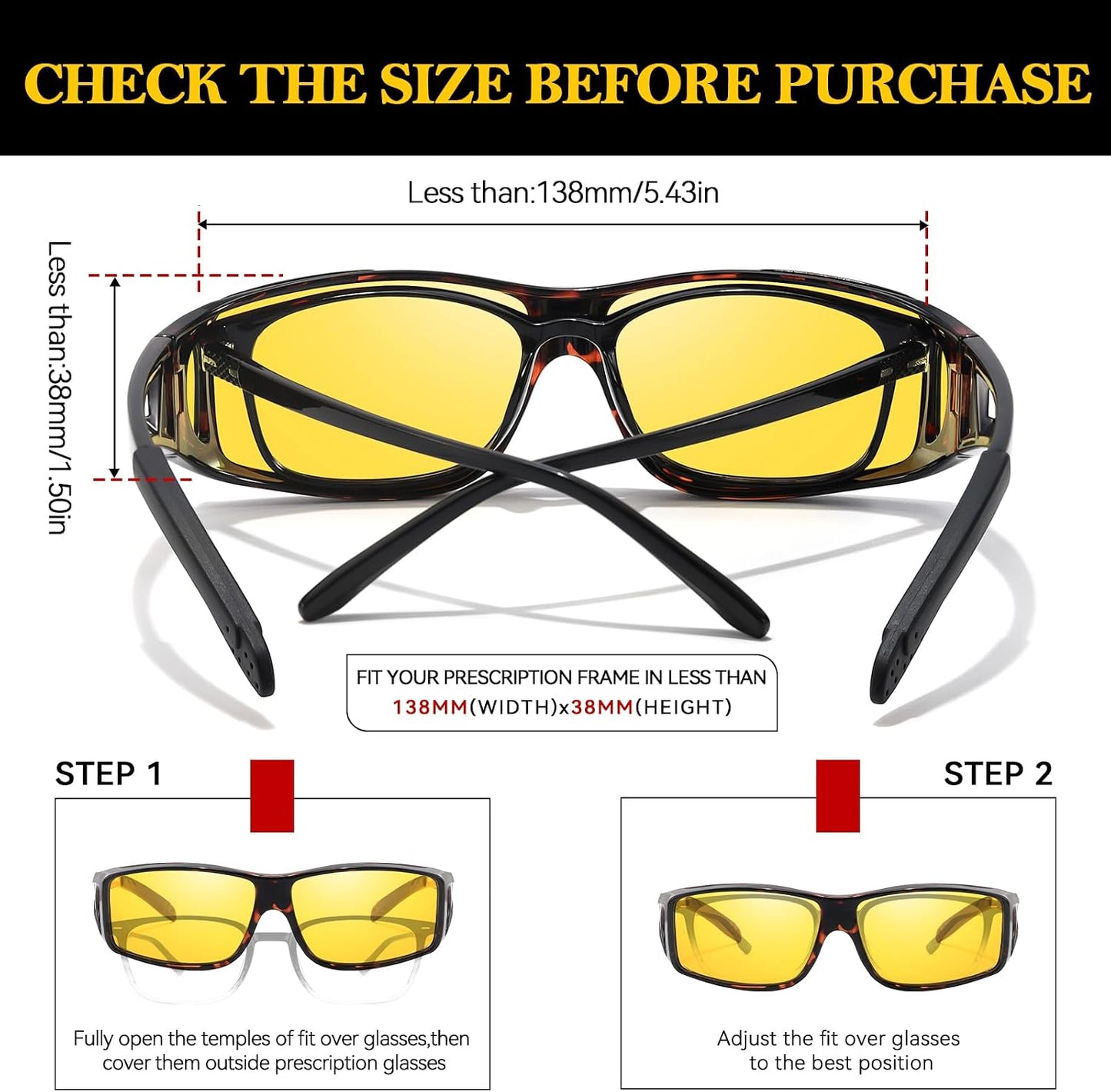 TJUTR Night Vision Driving Glasses Fit Over Eyeglasses for Men Women, Anti-Glare Polarized UV400 Protection Yellow Lens 2612R