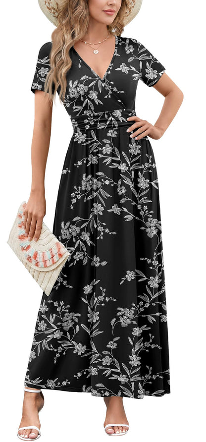 WEACZZY 2026 Summer Long Dresses for Women Wrap Empire Pleated Waist V Neck Short Sleeve Elegant Maxi Dress with Pockets
