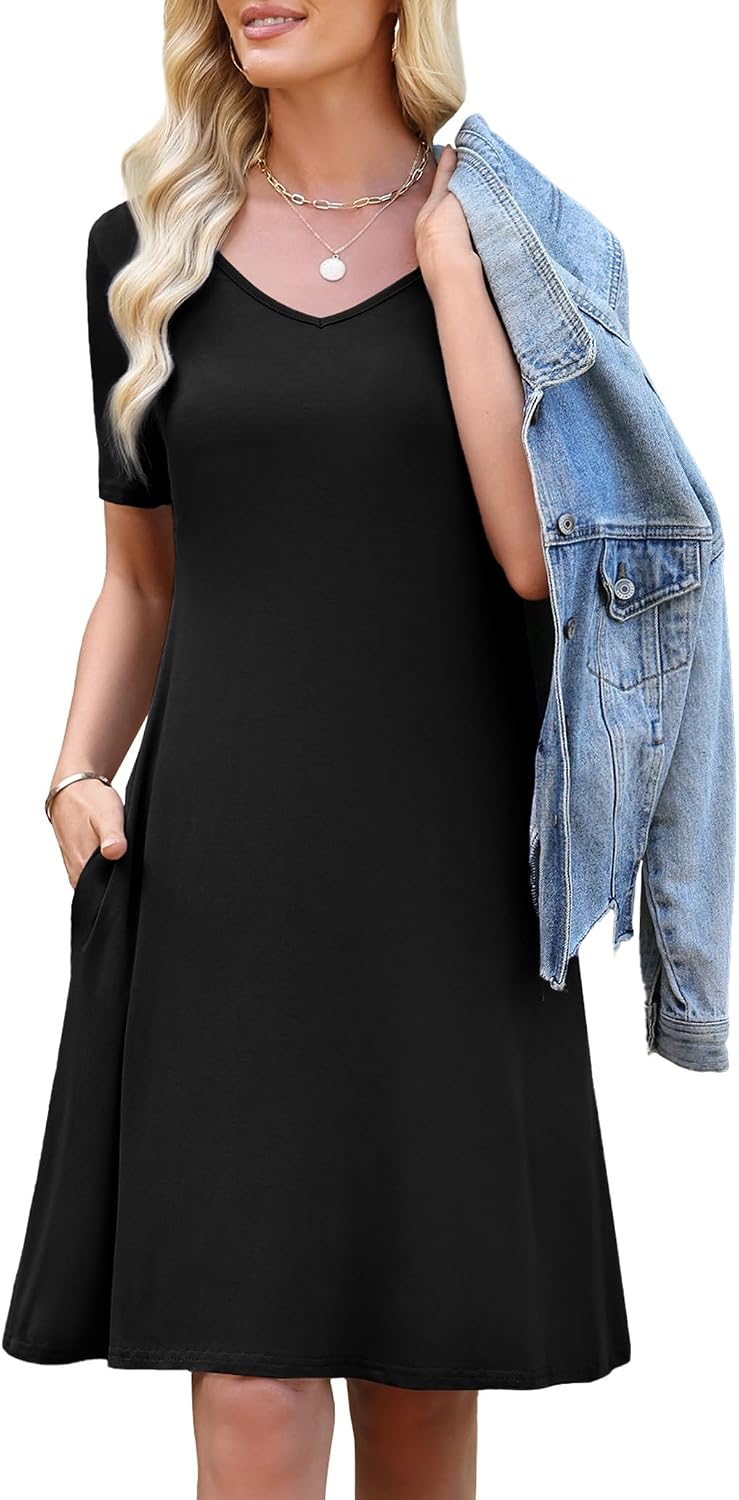 WEACZZY Summer Dresses for Women 2026 V-Neck Casual T Shirt Dress Loose Short Sleeve Flowy Dresses with Pockets