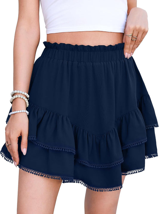 WEACZZY Women's Casual Skorts Spring Summer Trendy Ruffle High Waisted Layered Mini Skirt with Crochet Hem, Built in Shorts