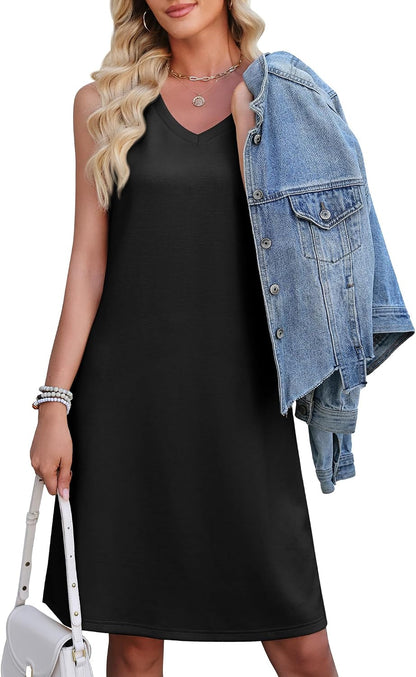 WEACZZY Women's Summer Dress V Neck Sleeveless Sundress Casual Loose with Split Elegant Vacation Beach Dresses 2026