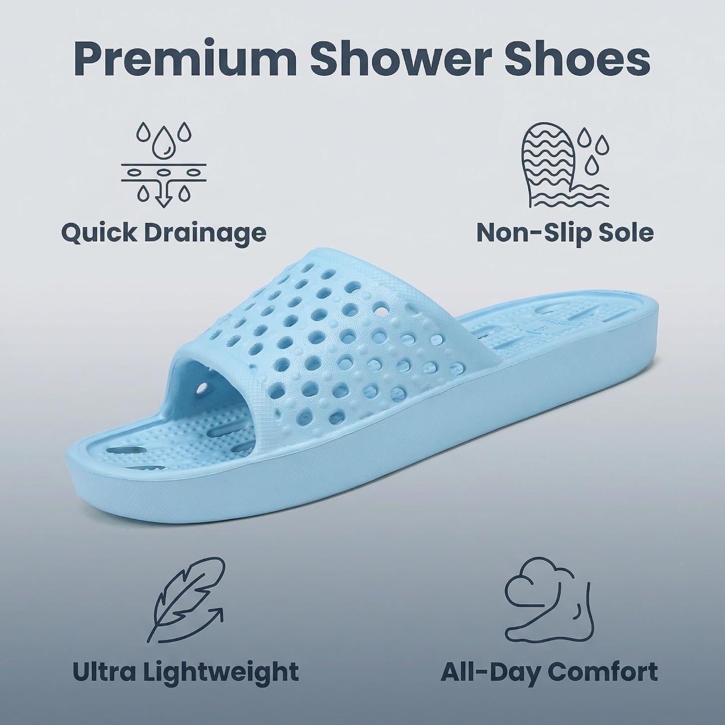 Shower Shoes for Men and Women,Non-Slip Quick-Dry Bath Slippers with Drain Holes,Lightweight Pool, Gym, Bathroom & College Dorm Sandals