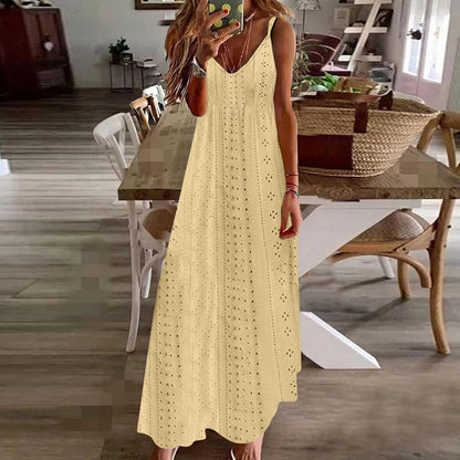 Women Strap Summer Dress Eyelet V Neck Spaghetti Midi Dresses Casual Solid A-Line Flowy Sundress Beach